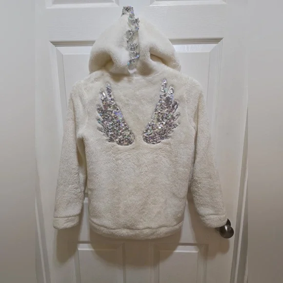 Cat & Jax White Faux Fur Fleece Coat with Sequin Wings and Unicorn Hood - Picture 1 of 5